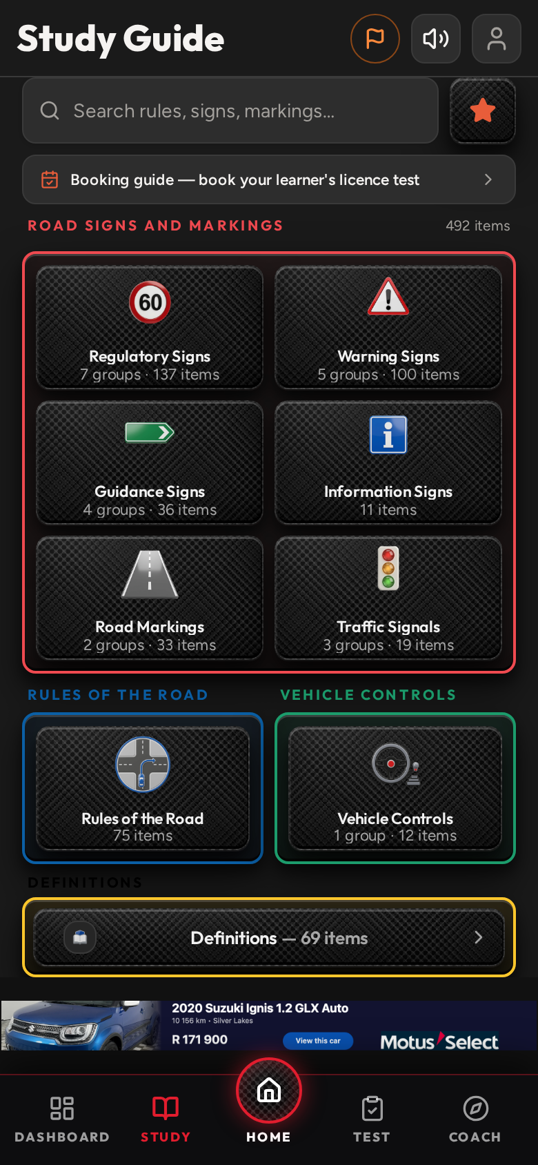 K53 Examiner study guide listing sign categories with item counts