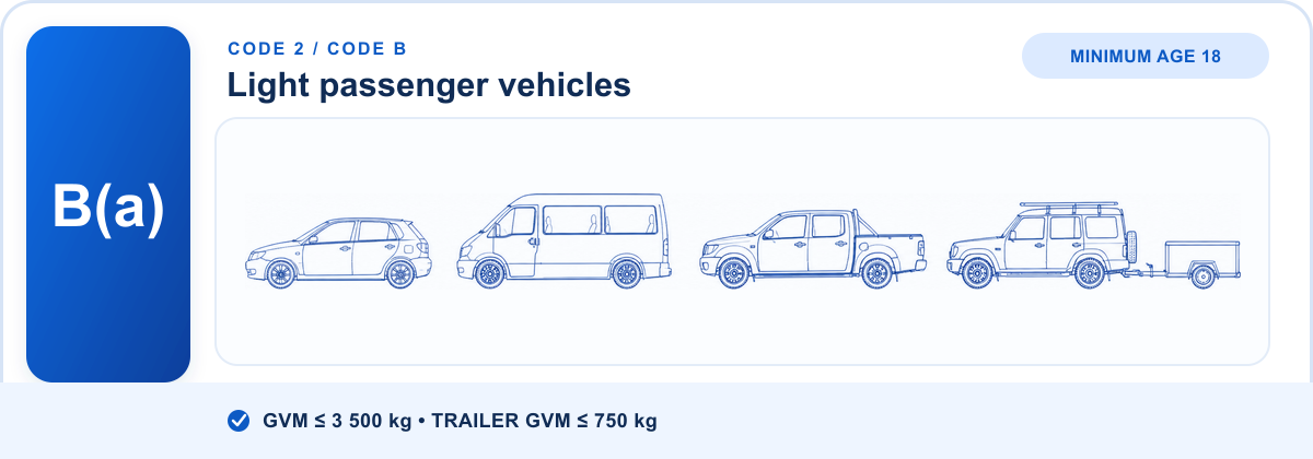 Line drawing of a hatchback, minibus, bakkie and SUV with trailer